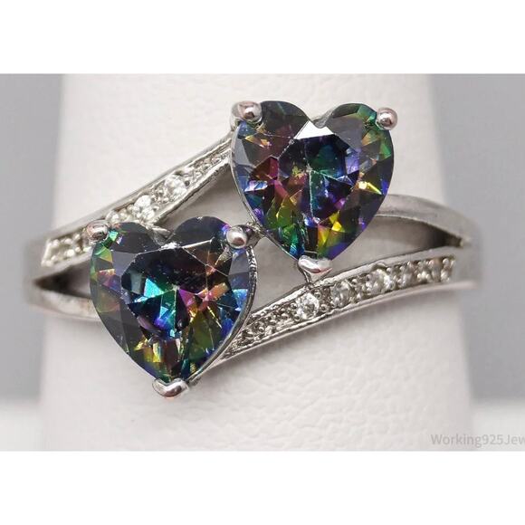 Womens Ring 925 Sterling Silver Sz. 6.25 Faux Mystic Topaz Hearts Cubic Zirconia - Picture 1 of 7